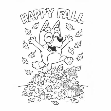 Desenho da Bluey Pulando nas Folhas para colorir (Desenho para Colorir)