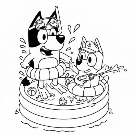 Desenho da Bluey e Bingo Brincando na Piscina para colorir (Desenho para Colorir)
