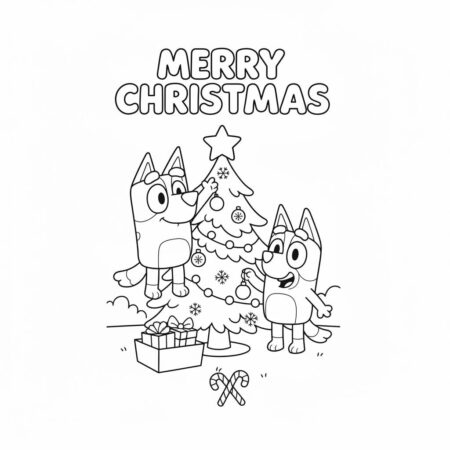 Desenho da Bluey e Bingo Decorando a Árvore de Natal para colorir (Desenho para Colorir)