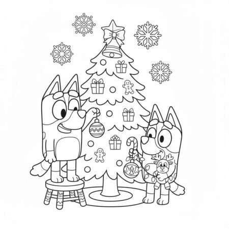 Desenho da Bluey e Bingo Decorando a Árvore para colorir (Desenho para Colorir)