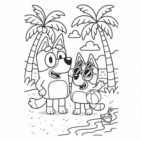 Desenho da Bluey e Bingo na Praia para colorir (Desenho para Colorir)