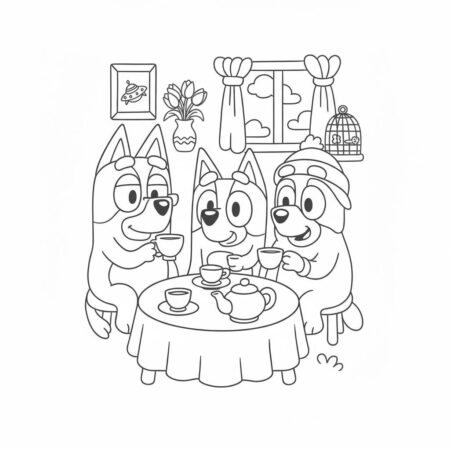 Desenho da Bluey e seus amigos tomando chá para colorir (Desenho para Colorir)