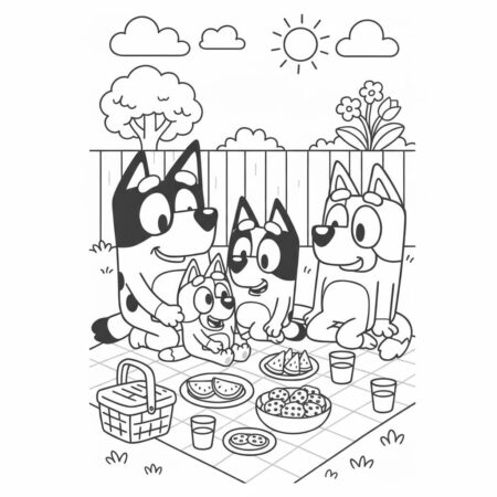 Desenho da Bluey e sua família fazendo piquenique para colorir (Desenho para Colorir)