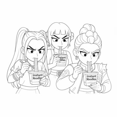 Desenho das Guerreiras do K Pop com Macarrão Instantâneo para colorir (Desenho para Colorir)
