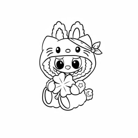 Desenho do Labubu Fofinho com Flor para colorir (Desenho para Colorir)
