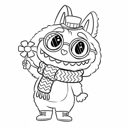 Desenho do Labubu com Flor para colorir (Desenho para Colorir)
