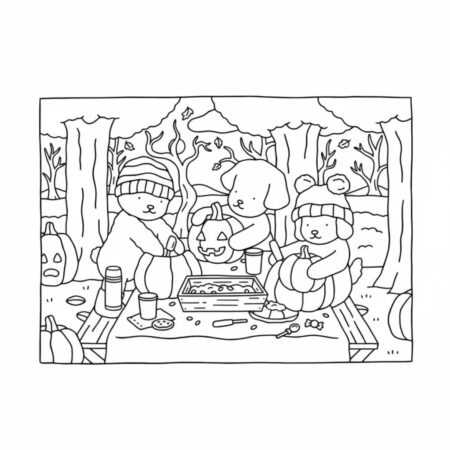 Desenho dos Bobbie Goods fazendo abóboras para colorir (Desenho para Colorir)