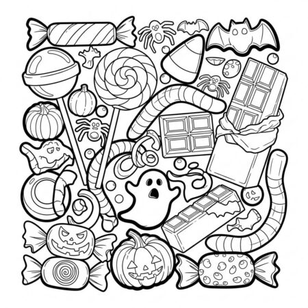 Doces de Halloween Coloridos (Desenho para Colorir)