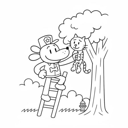 Dog Man ajudando um gatinho (Desenho para Colorir)