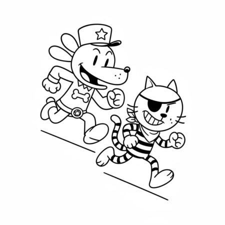 Dog Man e Cat Kid correndo juntos (Desenho para Colorir)