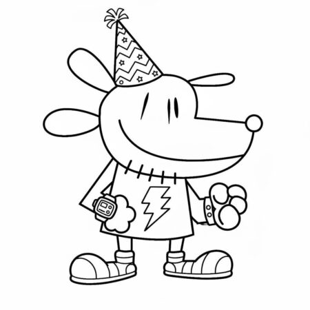 Dog Man festejando com chapéu de aniversário (Desenho para Colorir)