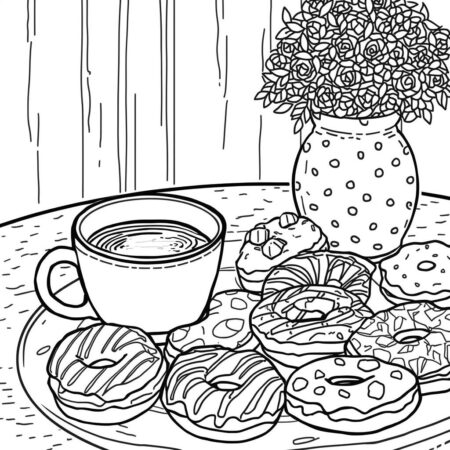 Donuts e Cafe (Desenho para Colorir)