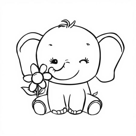 Elefante Kawaii com Flor (Desenho para Colorir)