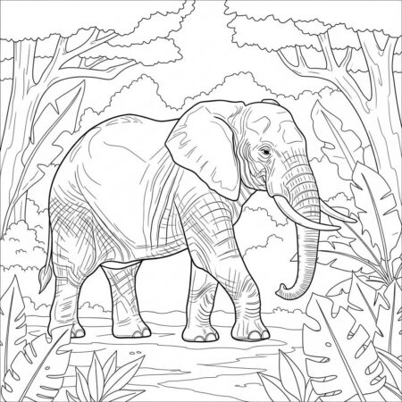 Elefante Realista na Selva (Desenho para Colorir)