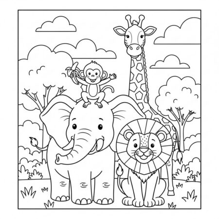 Elefante com Amigos Animais (Desenho para Colorir)