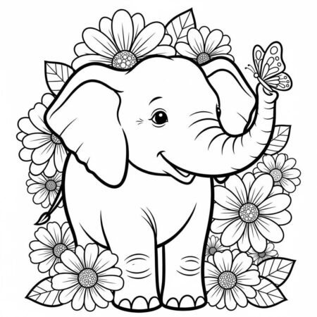 Elefante com Flores (Desenho para Colorir)