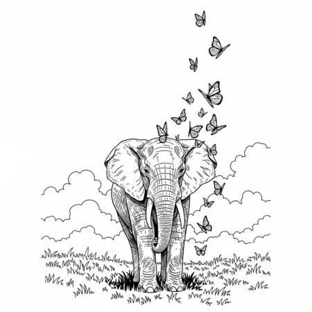Elefante e Borboletas (Desenho para Colorir)