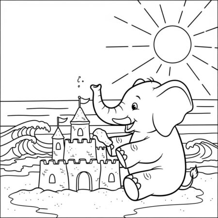 Elefante na Praia (Desenho para Colorir)