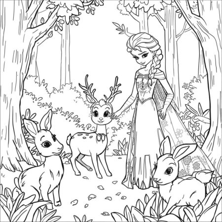 Elsa e Animais (Desenho para Colorir)