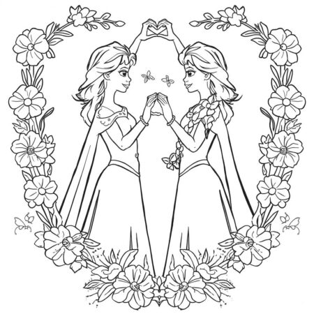 Elsa e Anna Coracao (Desenho para Colorir)