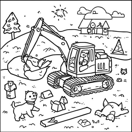Escavadora e Animais (Desenho para Colorir)