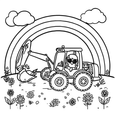 Escavadora e Arco iris (Desenho para Colorir)