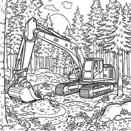 Escavadora na Floresta (Desenho para Colorir)