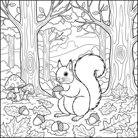 Esquilo Coletando Nozes (Desenho para Colorir)