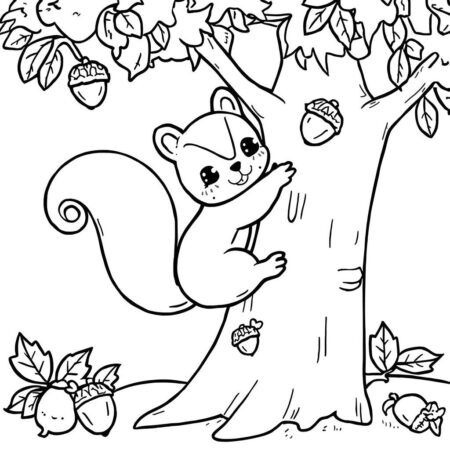 Esquilo Kawaii na Arvore (Desenho para Colorir)