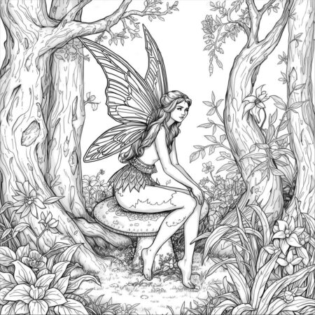 Fada Realista na Floresta (Desenho para Colorir)
