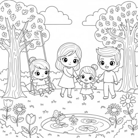 Familia Kawaii Brincando (Desenho para Colorir)