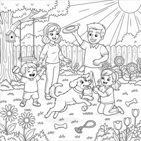 Familia e seu Cachorro (Desenho para Colorir)