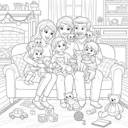Familia e seus Gatinhos (Desenho para Colorir)