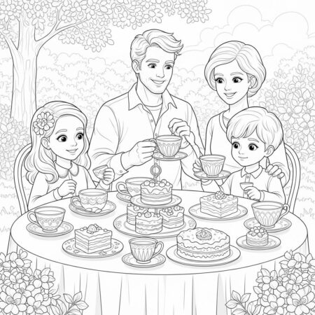 Familia em uma Festa de Cha (Desenho para Colorir)