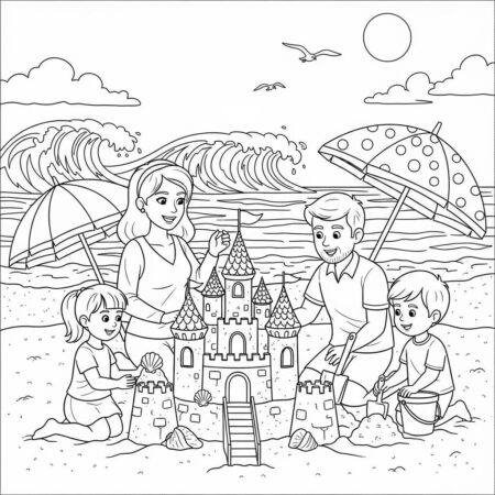 Familia na Praia (Desenho para Colorir)