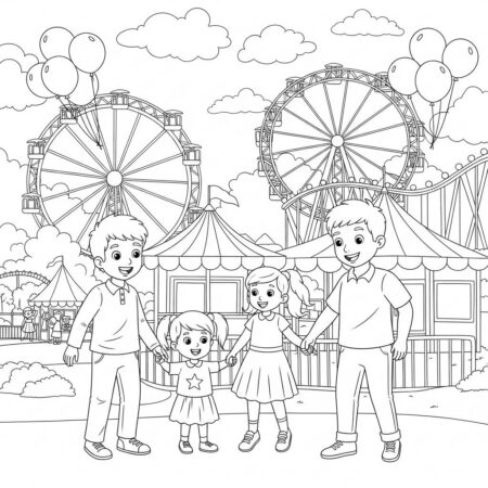 Familia no Parque de Diversoes (Desenho para Colorir)