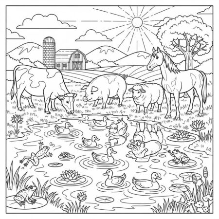 Fazenda Animais no Lago (Desenho para Colorir)