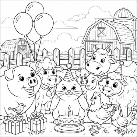 Fazenda Aniversario do Gato (Desenho para Colorir)