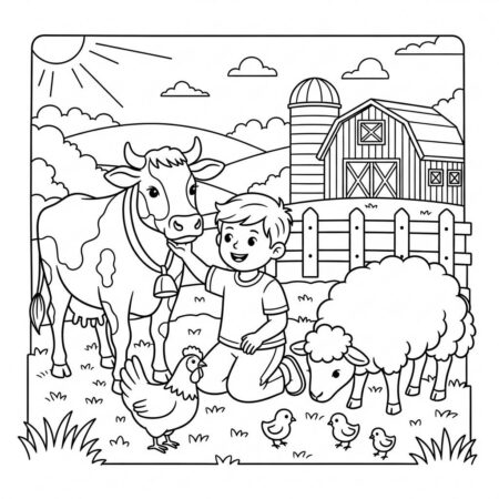 Fazenda Menino Com Animais (Desenho para Colorir)