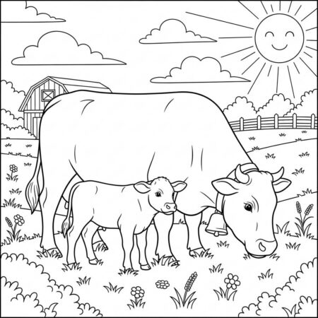 Fazenda Vaca e Bezerro (Desenho para Colorir)