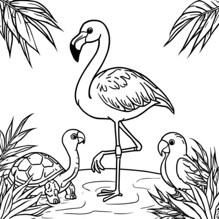 Flamingo e Amigos Animais (Desenho para Colorir)