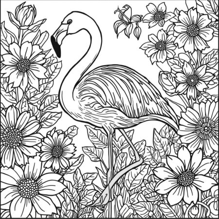 Flamingo e Flores Coloridas (Desenho para Colorir)