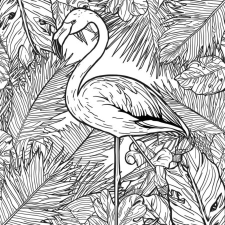 Flamingo e Folhagem Tropical (Desenho para Colorir)