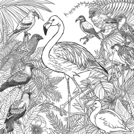 Flamingo e Passaros (Desenho para Colorir)