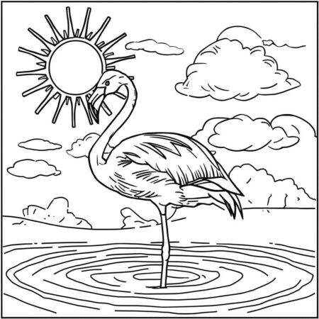 Flamingo e Sol Brilhante (Desenho para Colorir)