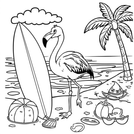 Flamingo em Praia Divertida (Desenho para Colorir)