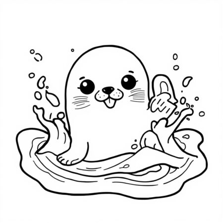 Foca Kawaii na Praia (Desenho para Colorir)