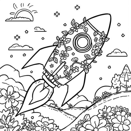 Foguete e Flores (Desenho para Colorir)