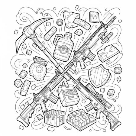 Fortnite Armas e Equipamentos (Desenho para Colorir)