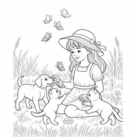 Garota com Animais (Desenho para Colorir)